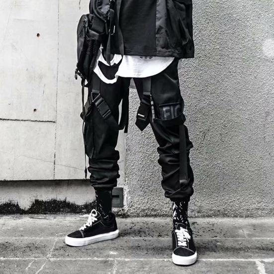 Мужские брюки-карго в стиле хип-хоп, индивидуальные прямые брюки с ремешком, декор, сплошной цвет, глубокая промежность, свободная уличная одежда, эластичная талия, мужские брюки с ремешками на щиколотке
