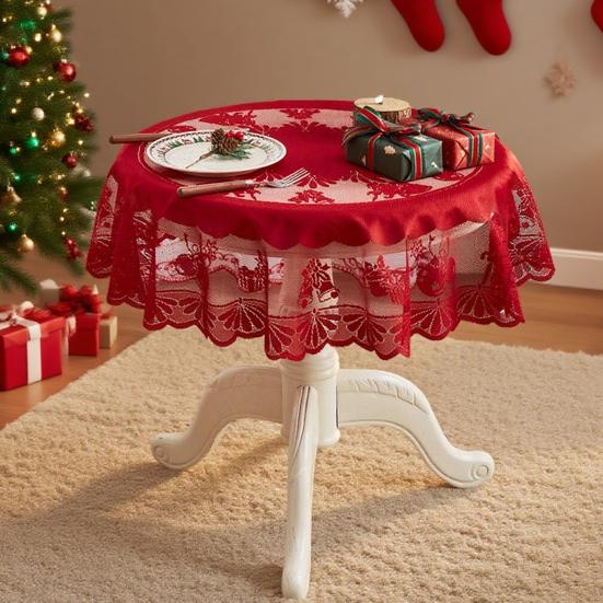 Рождественская скатерть Красное кружево Скатерть с Санта-Клаусом Устойчивая к складкам Круглая скатерть для дома, званого ужина, праздничного украшения