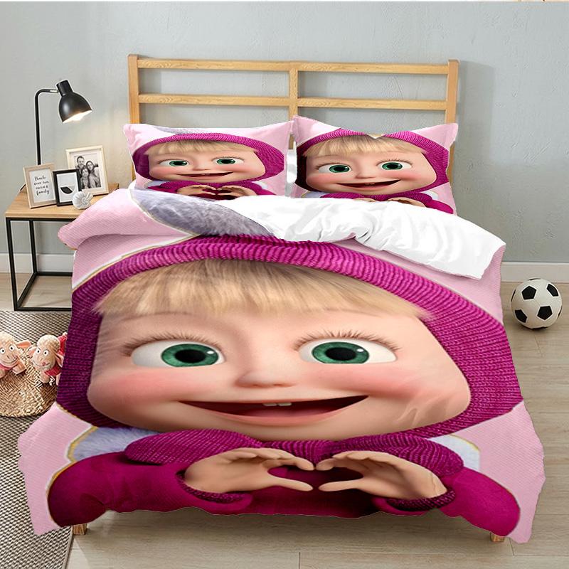 Heart-themed Ma-sha Illustration. 3PCS Bedding set,Ideal for 1pc Duvet Cover And 2pcs Pillowcases Perfect for Fan gift,Ideal for Bedroom, Dormitory