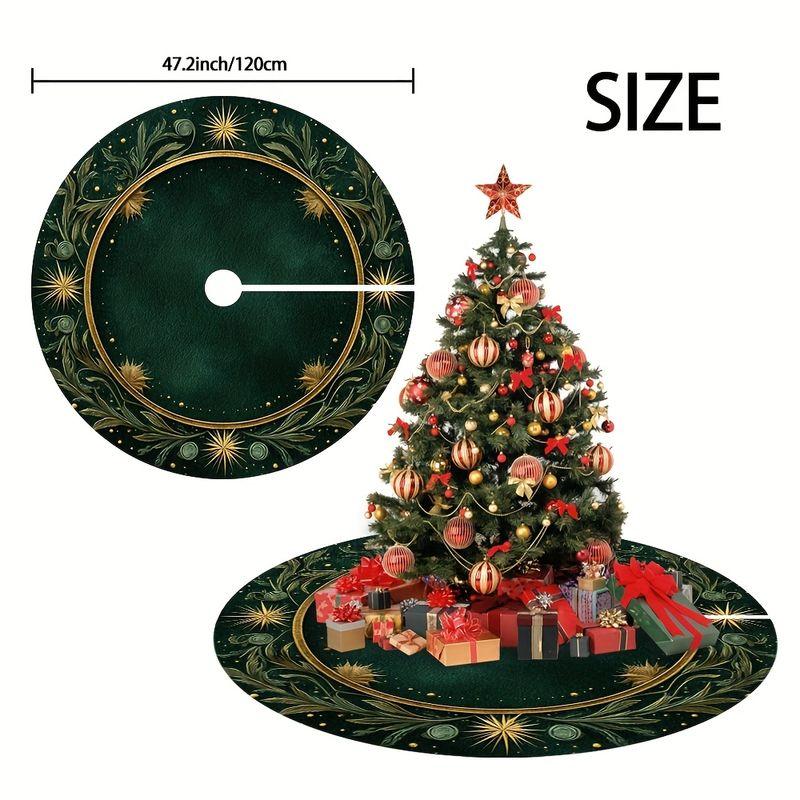 Christmas Tree Skirt Dark Green Golden Botanical Star Round Xmas Tree Rug Elegant Vintage Christmas Home Holiday Decor