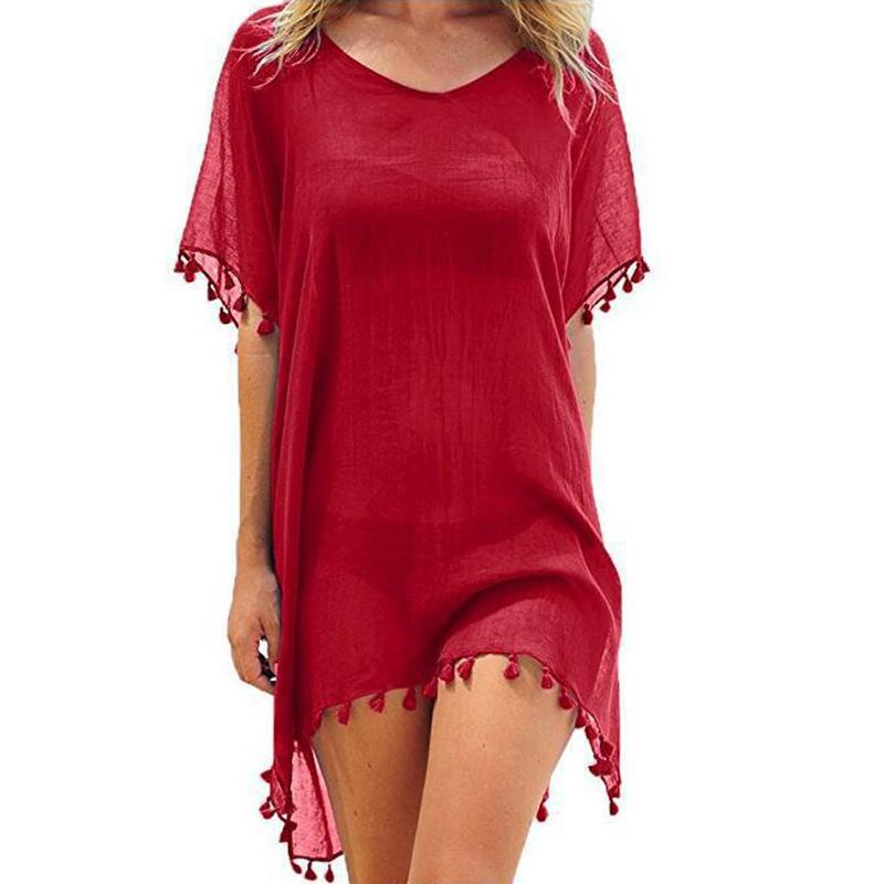 Летнее тонкое V-образное декольте, однотонное шифоновое платье больших размеров, женское модное винтажное свободное пляжное повседневное платье, женское элегантное платье для отпуска с кисточками, для леди 26621
