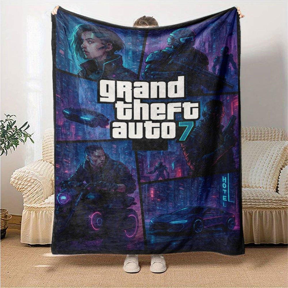 1 шт. Мягкое фланелевое одеяло Grand Theft Auto с дизайнерским принтом. Уютное одеяло для всех сезонов, идеально подходит для дивана, кровати, офиса
