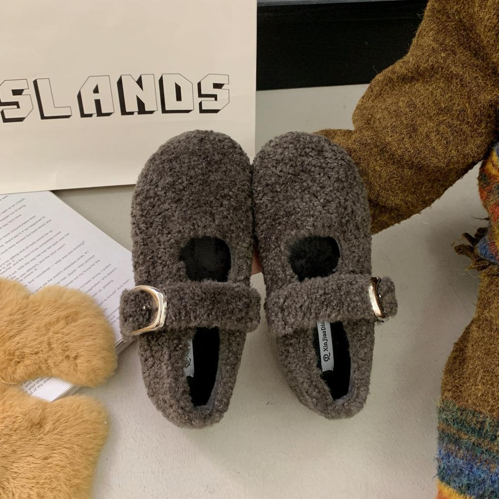 Мягкие и удобные пушистые туфли на плоской подошве женские 2025 осень-зима новая фея ветер бархатное слово Мэри Джейн хлопковые туфли