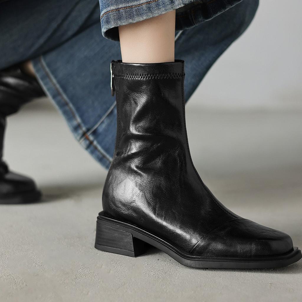 Огромный комфорт~ Lan cabinet маленькие короткие ботинки женские 2025 новые мягкая кожа осень и зима толстый каблук эластичные тонкие ботинки дети