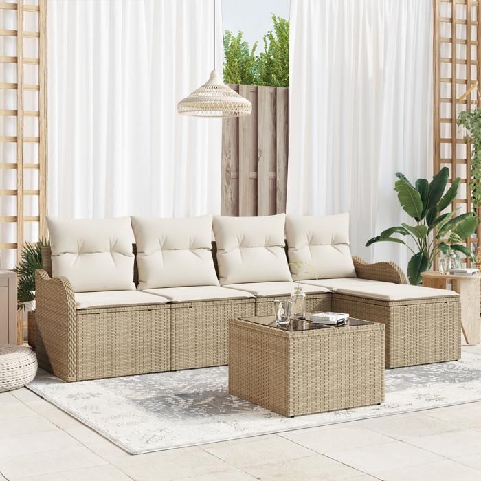 Ensemble de Canapé de Jardin 6 Pièces avec Coussins Rattan Poly Brun 3345671