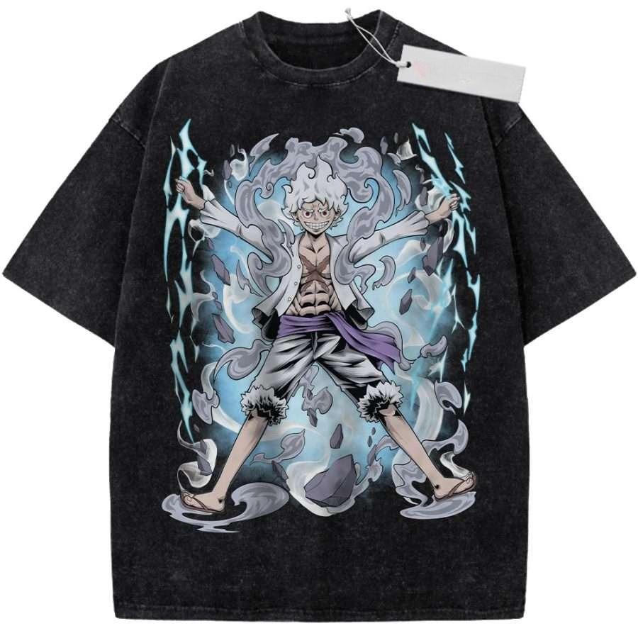 Unisex Washed Black Vintage T Shirt One Piece Luffy th Gear Lightning Smoke High Quality Fabric for Home Leisure Travel