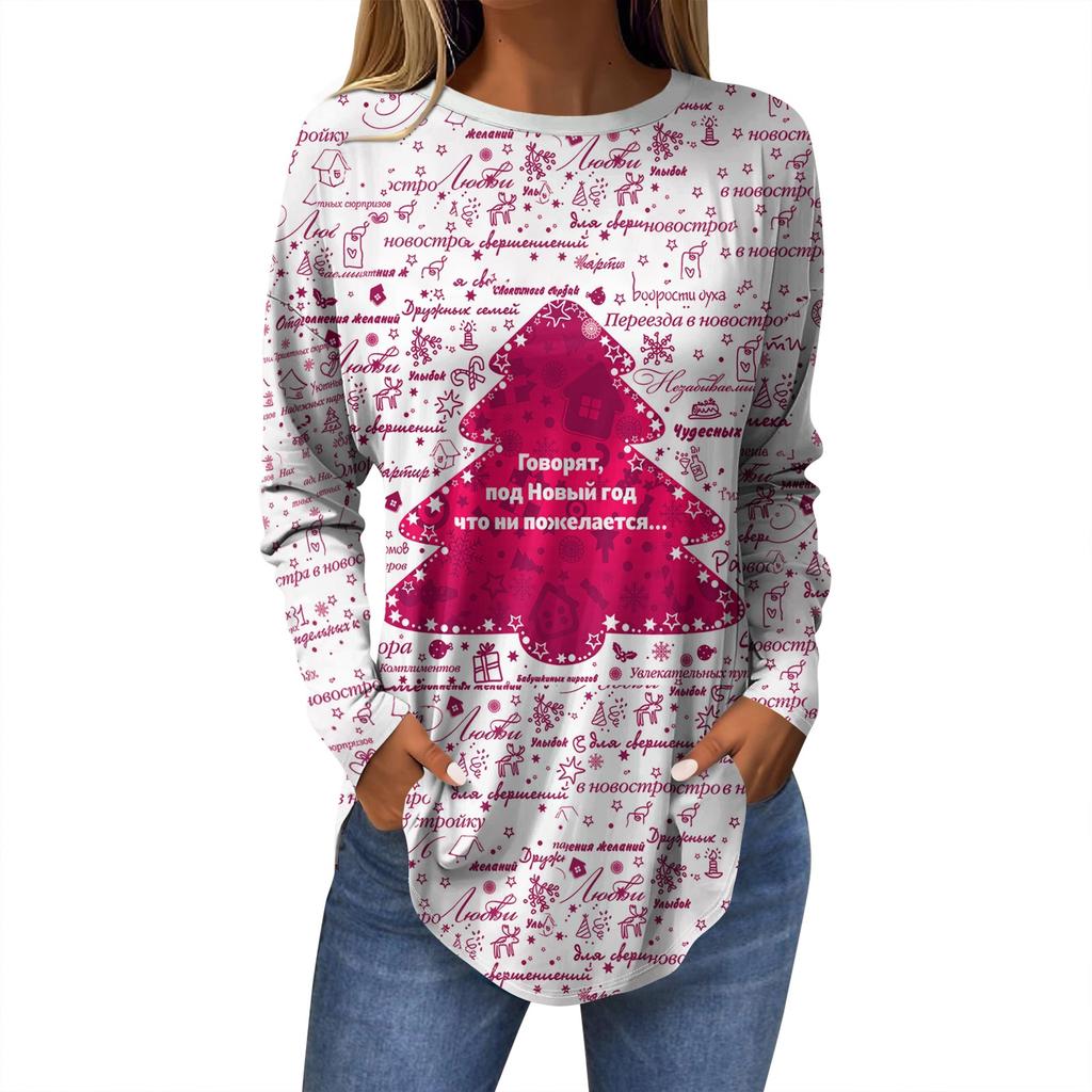 Женская модная повседневная футболка с круглым вырезом и длинным рукавом с рождественским принтом