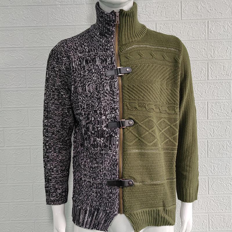 Men's Plus Size Color Block High Neck Cardigan with Leather Buckle - Long Sleeve Knit Sweater, Autumn/Winter Collection