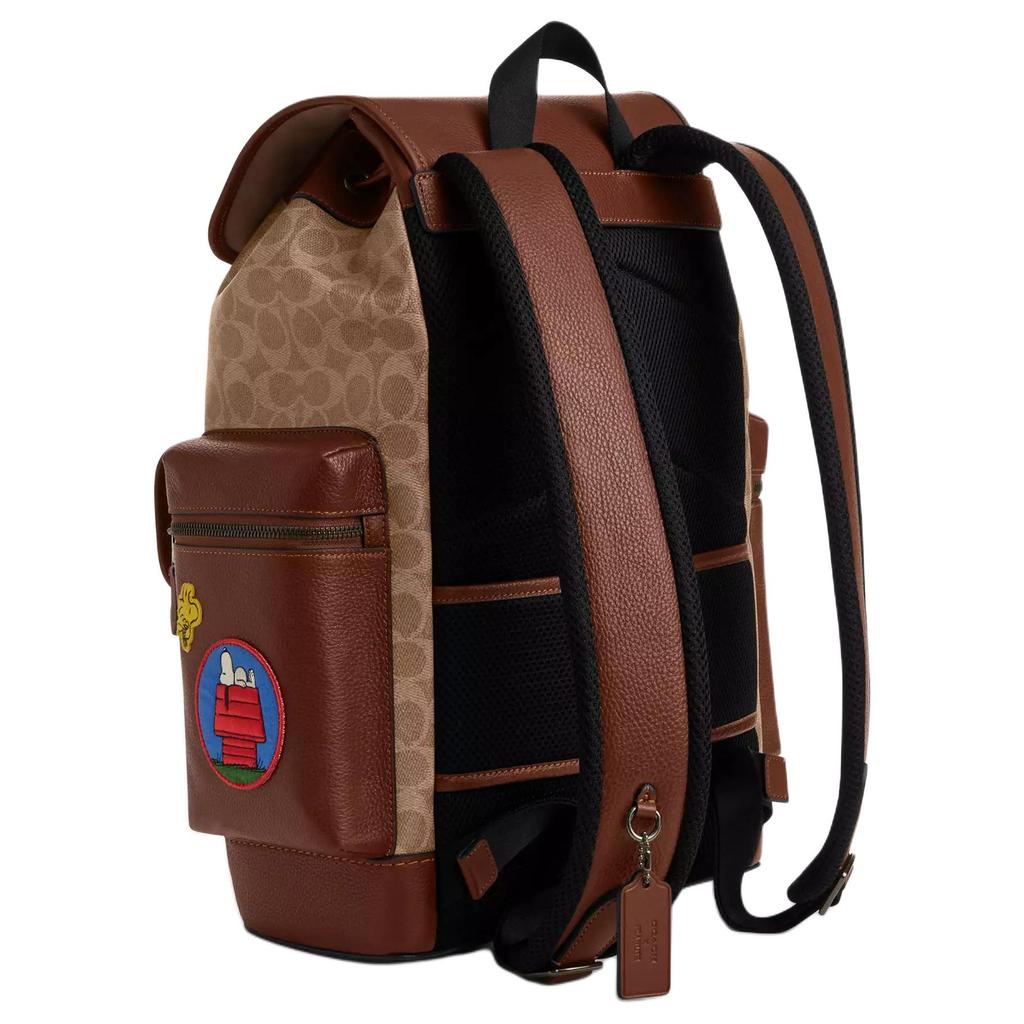 Coach x Peanuts Snoopy Khaki Signature Canvas Large Flap Backpack with Patches for Daily Use