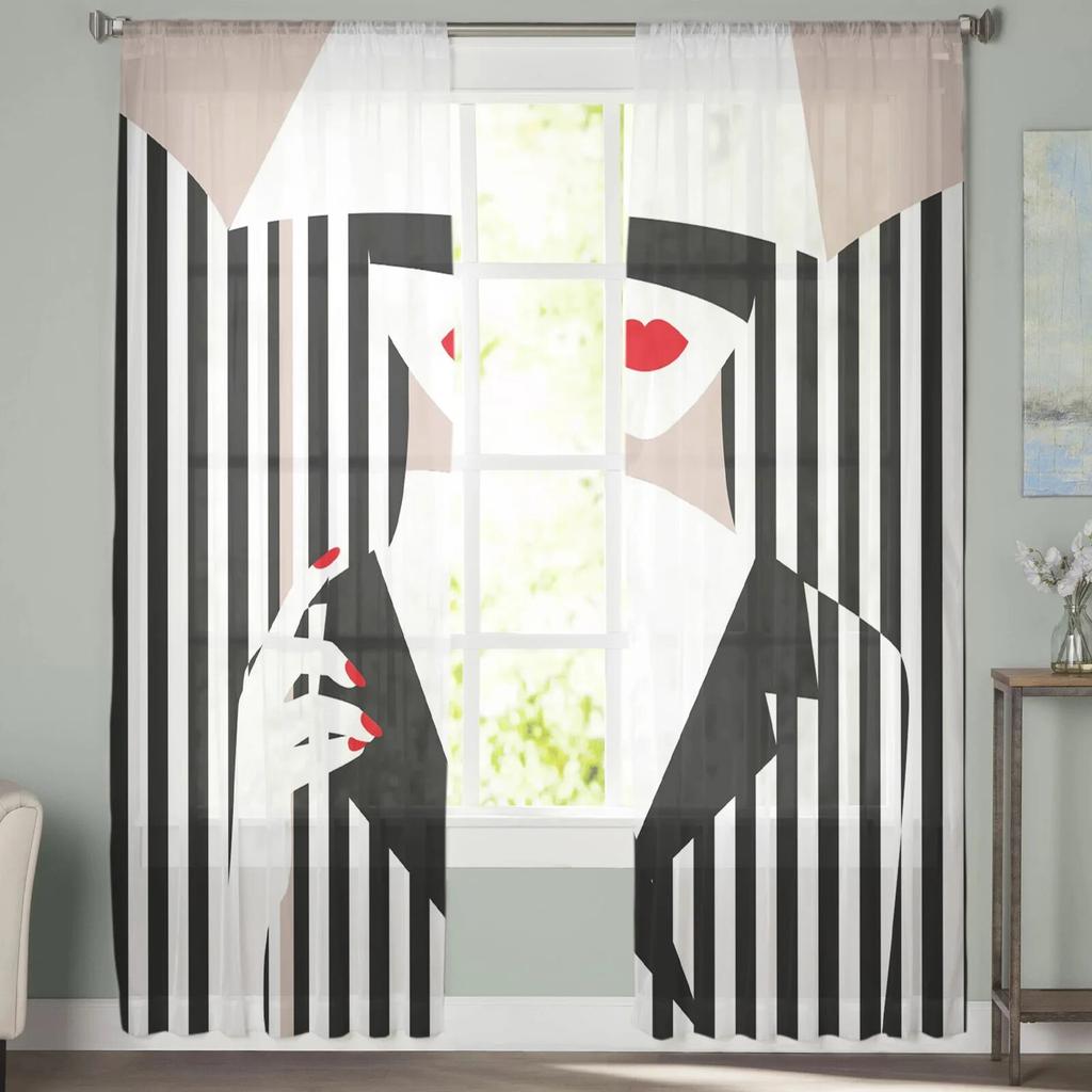 Женский зонтик в полоску, помада, тюлевая занавеска, домашний офис, декор окна, спальня, кухня, балкон, современная прозрачная занавеска