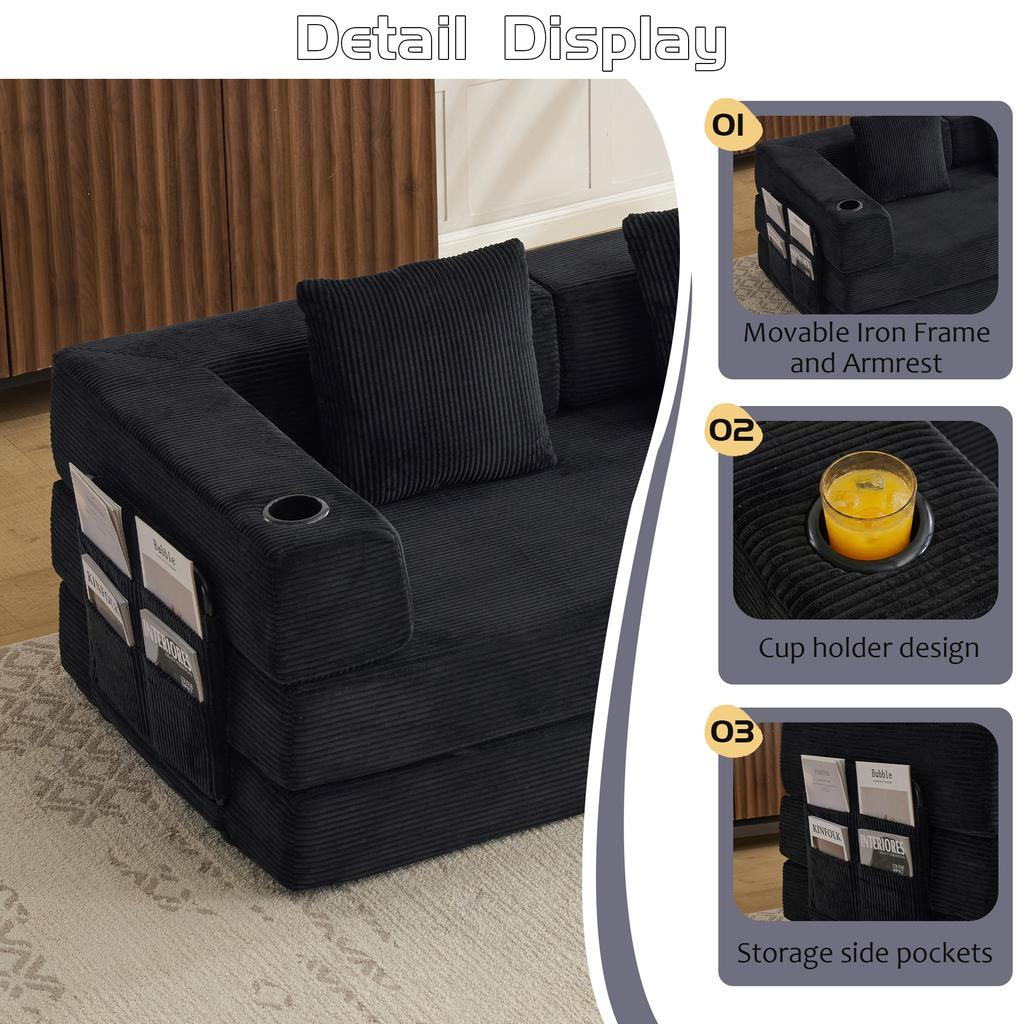 Floor Couch,Compression Sofa,Convertible Sofa Bed-with Pillow Back Armrest,With Cupholder&Side Pocket,Corduroy Fabric,Living Room Bedroom,Black