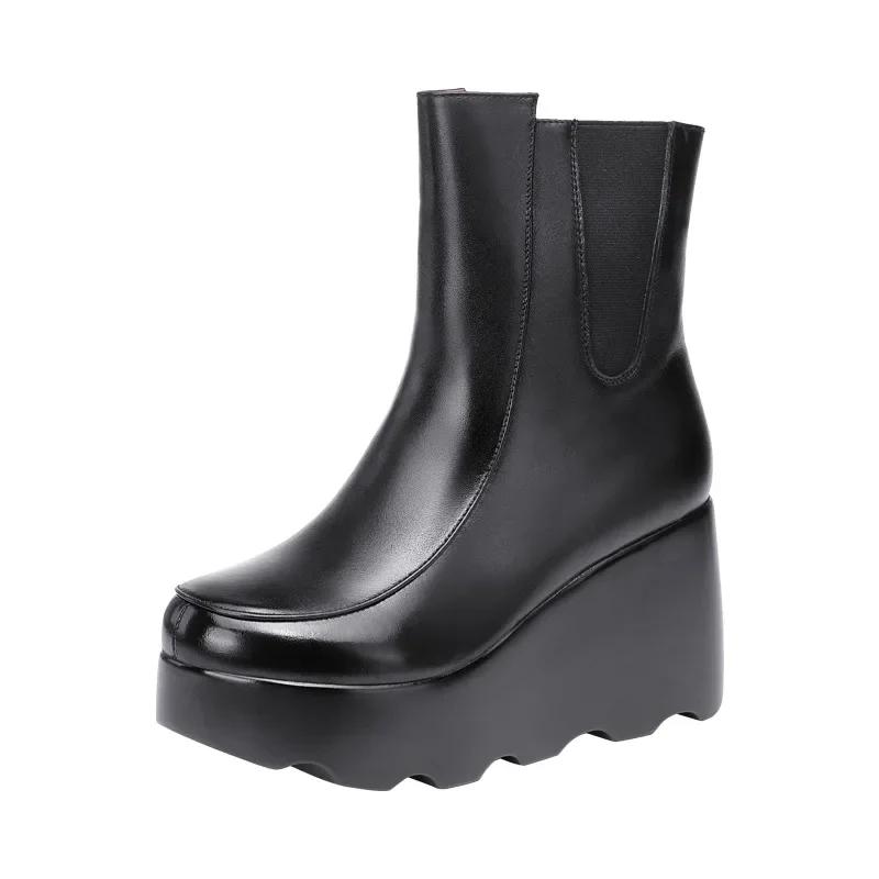 Маленький размер 32-43 Толстая подошва Плюшевая обувь Зима Женщины 2025 Элегантные Высокие каблуки Танкетки Ботильоны Мягкая кожа Ботильоны Платформа