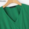 ZANZEA Women's Summer Casual V-Neck 3/4 Bell Sleeves Pleated Solid Color Loose A-Line Blouse