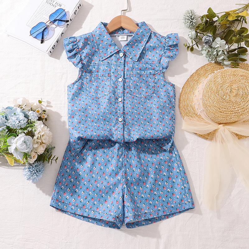 Children's Clothing Girls Suit Summer New Fly-sleeved Printing Short-sleeved Top + Shorts 2pcs