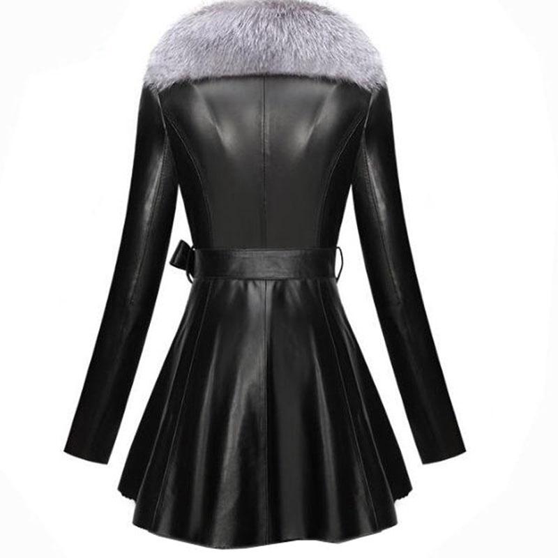 Зимний женский кожаный тренч средней длины и хлопковое пальто из тонкого искусственного меха с воротником из искусственного меха лисы