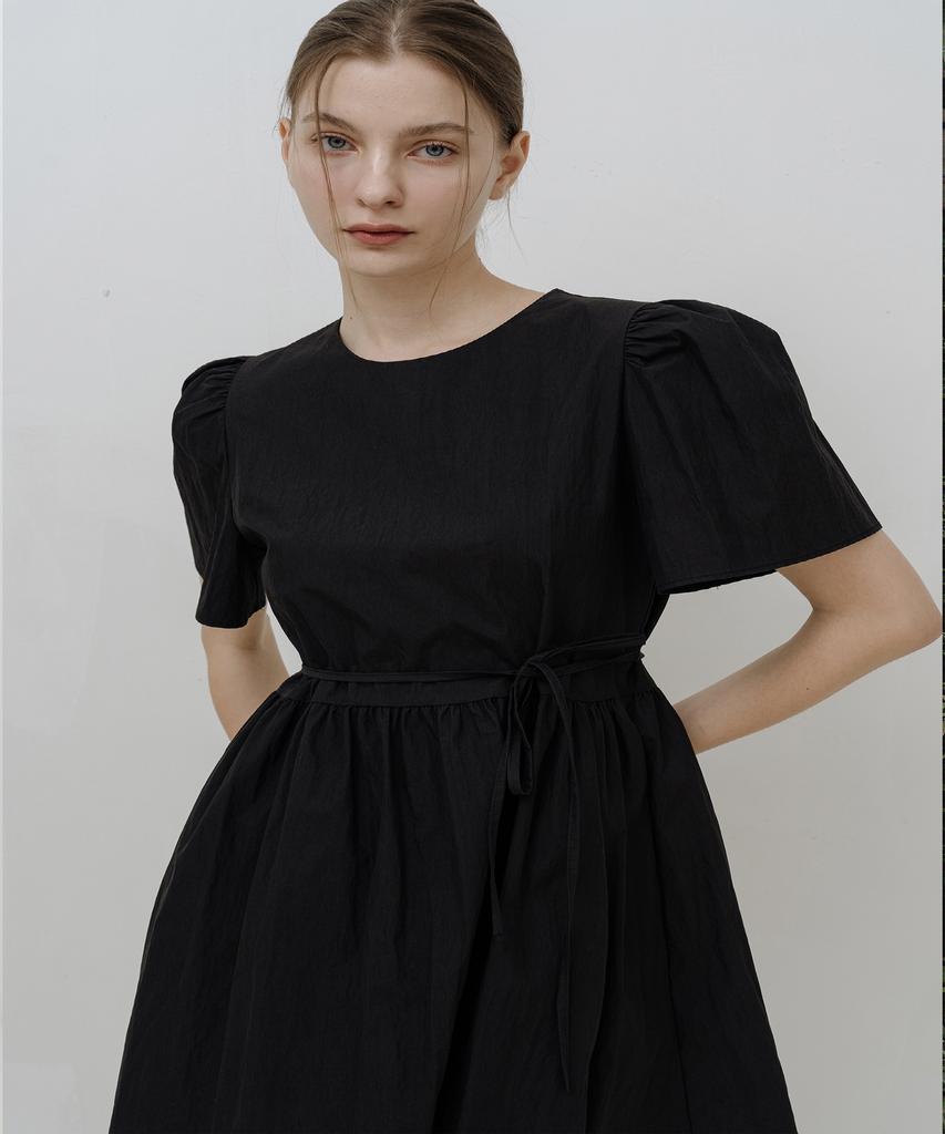 Ish Two Ribbon Detail Puff Sleeve Mini Dress (Black)