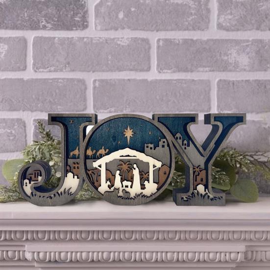 Nativity Scene Ornament Wooden JOY Letter Tabletop Decoration Rustic Religious Table Mantel