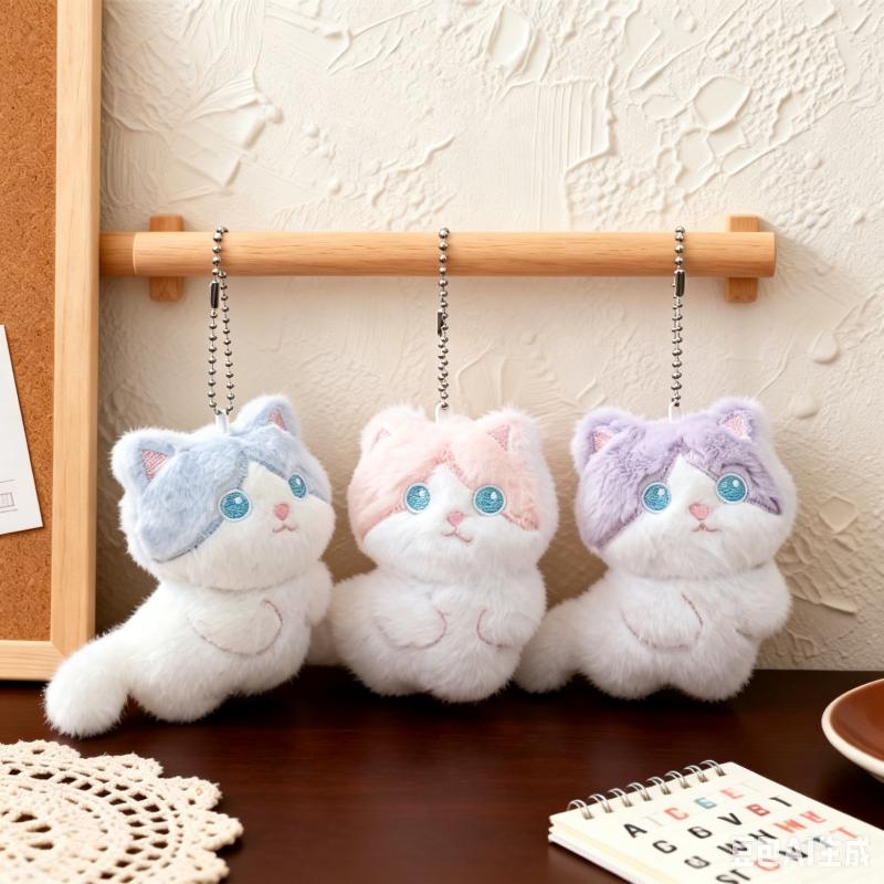 Soft Cartoon Plush Cat Keychain Fluffy Adorable Pendant Mini Backpack Purse Decor Ideal Birthday Gift for Girls