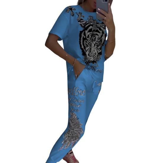 2 Pcs/Set Women T-shirt Pants Set Tiger Print Round Neck Short Sleeves Top Ankle-banded Elastic Waist Trousers Casual Daily Wear Outfit