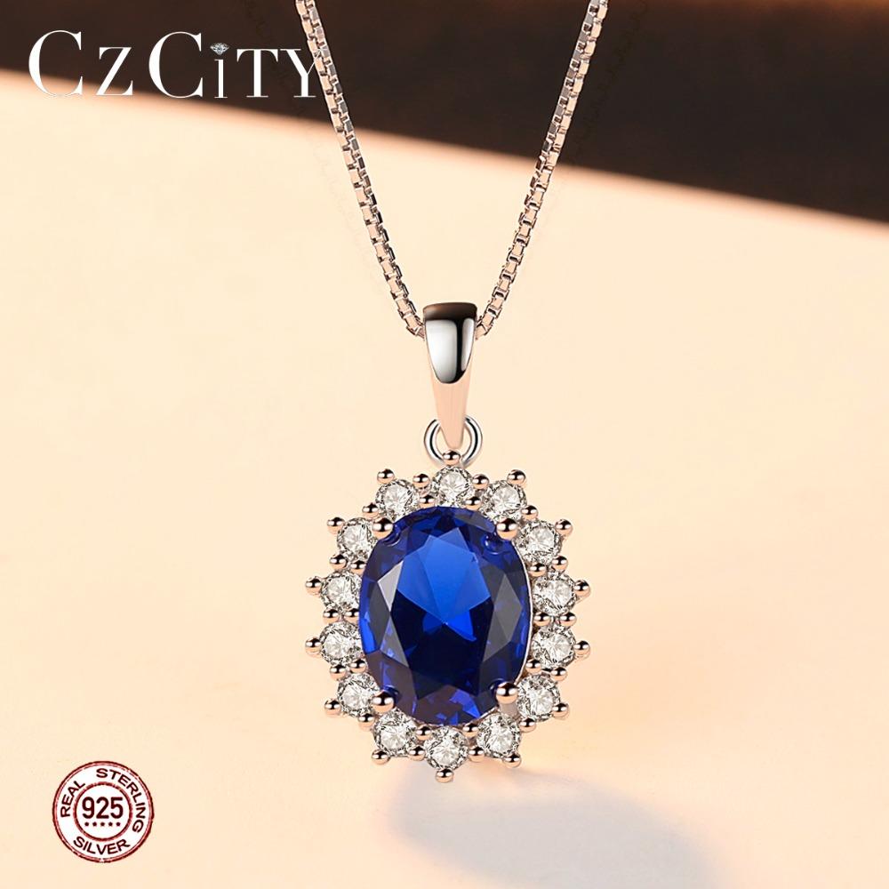 CZCITY Luxurious Blue Synthetic Sapphire Topaz Princess Diana Solid 925 Sterling Silver Gemstone Necklace Pendant
