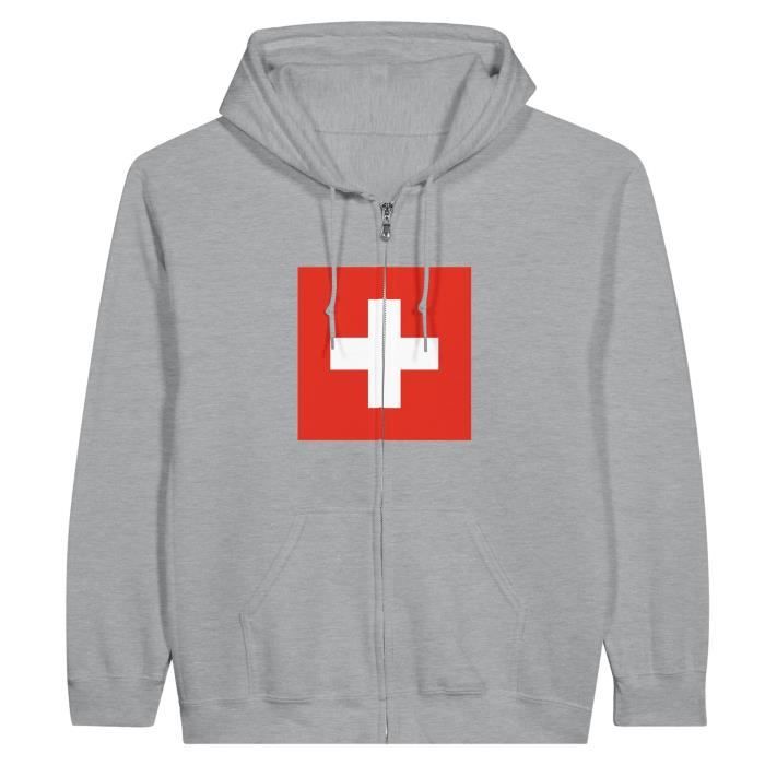 Sweat à capuche à fermeture éclair Drapeau et armoiries de la Suisse en Gris