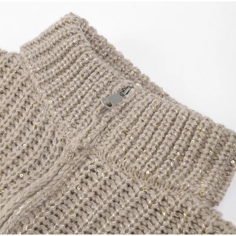 Модный кардиган с блестками и люрексом, сверкающий вязаный женский кардиган с рукавами-фонариками, повседневный свободный свитер с v-образным вырезом на молнии, женская элегантная куртка HighStreet, шикарная уличная одежда