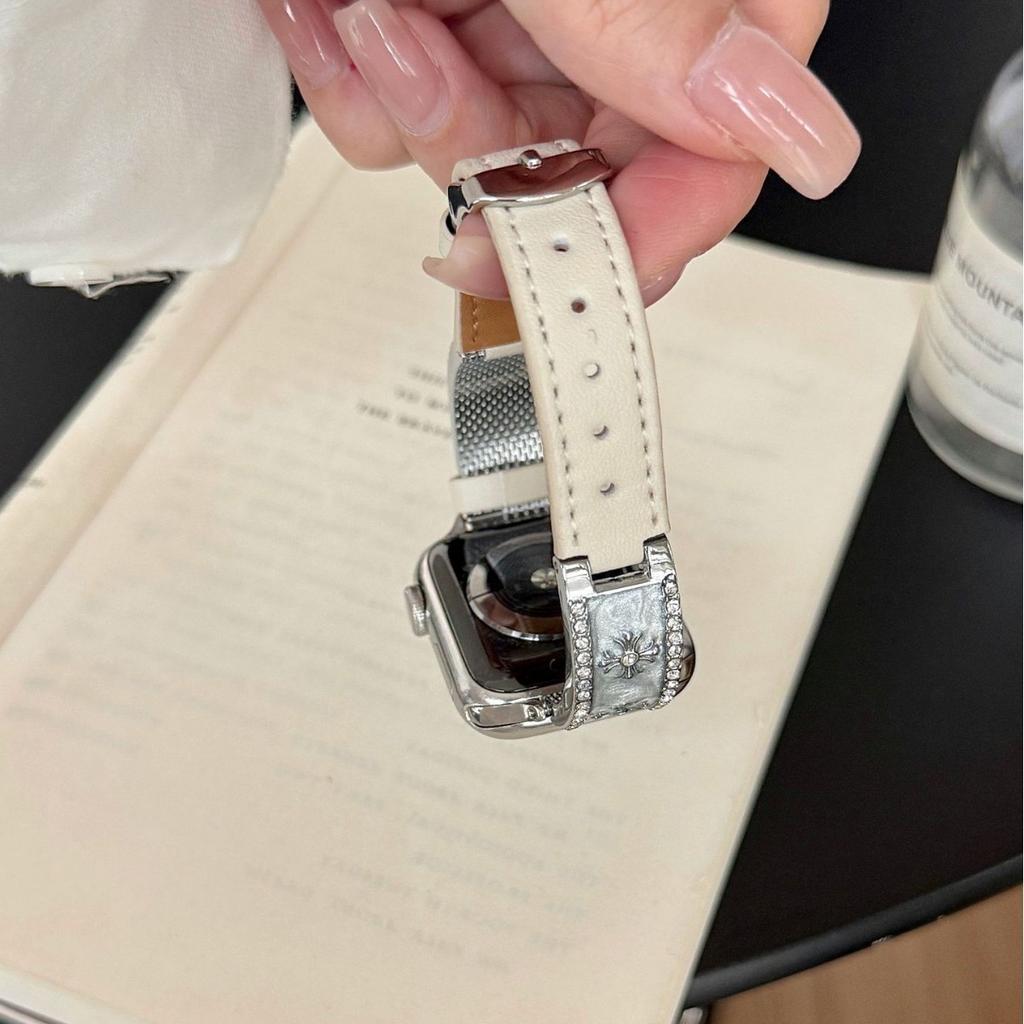 Drip Glue Chrome Heart Curved Leather Silicone Watch Band for Apple Watch iWatch 12 11 10 Gen Black