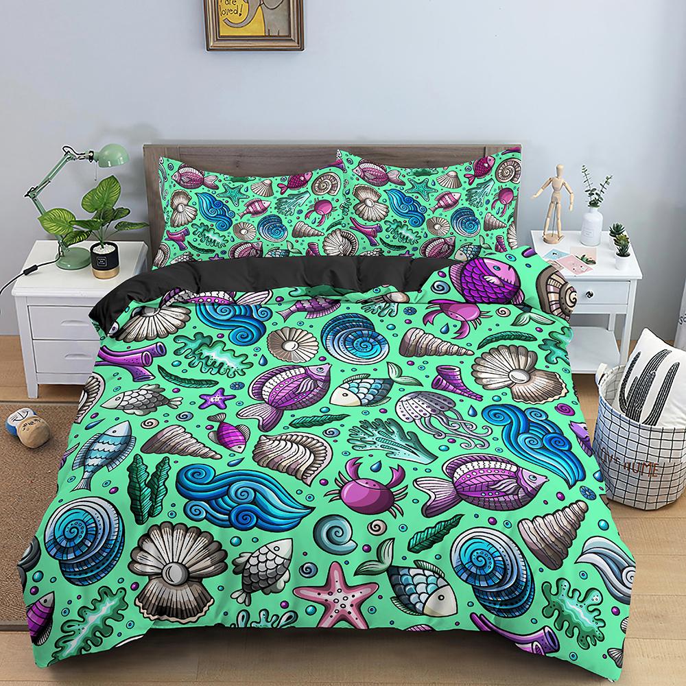 Shell Duvet Cover Set Starfish Crab Sea Animals Kawaii Polyester Comforter Cover For Kid Boys Girl Bedding Set King Full Size