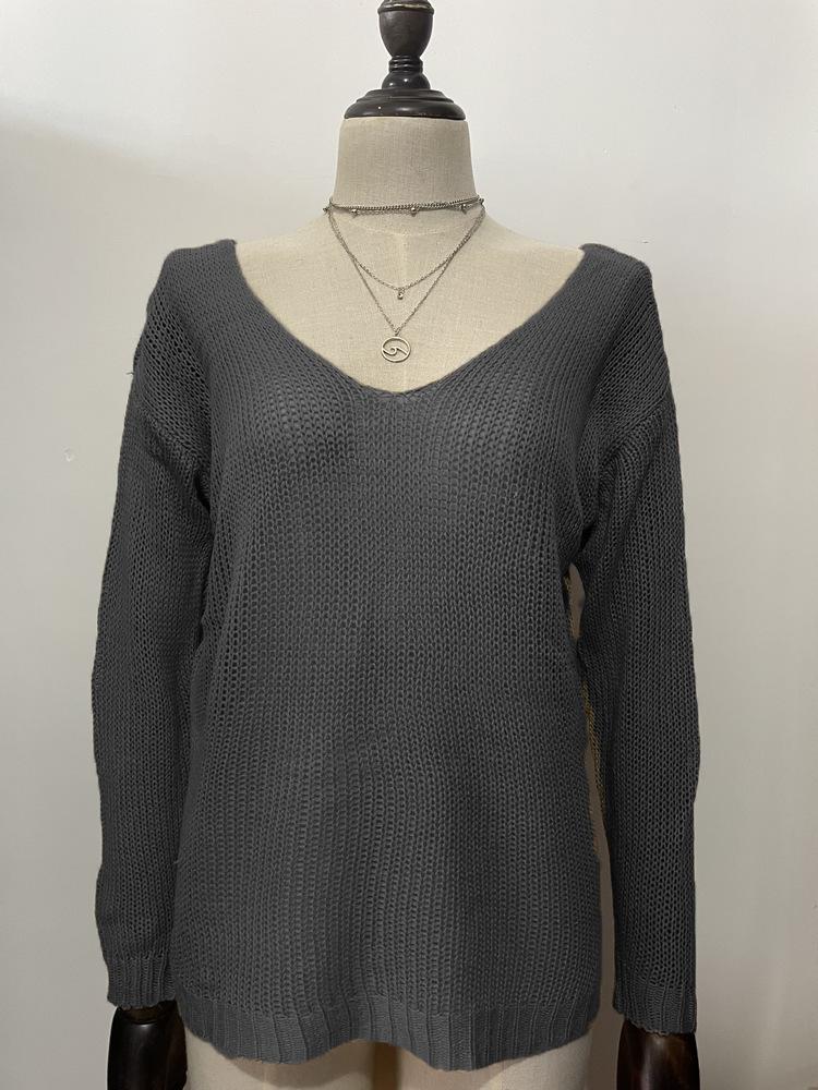 Casual Solid Knit Sweater Ladies V Neck Crew Neck Warm Daily Long Sleeve Blouse