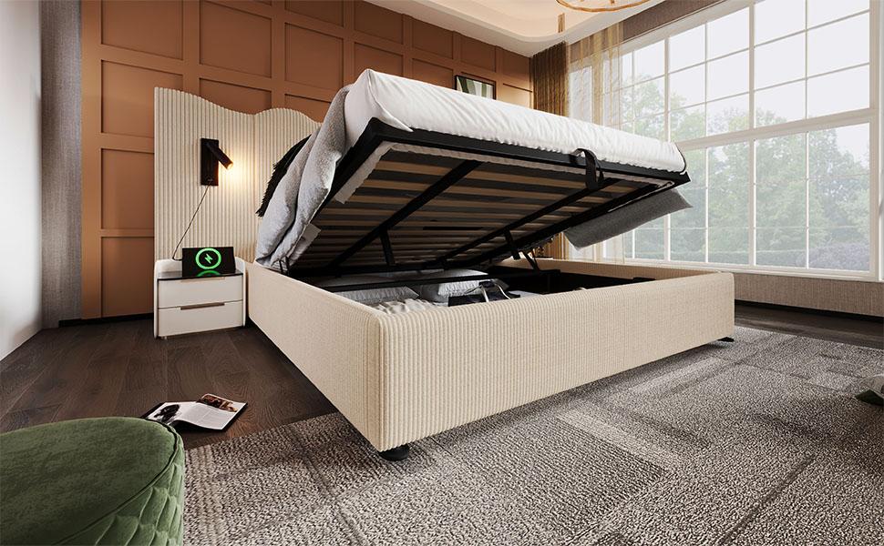 Upholstered Double Bed 180×200, Reading Lamp and USB Type-C Charging, Storage Frame of Solid Wood and Metal, Beige-White, Corduroy (Without Mattress)