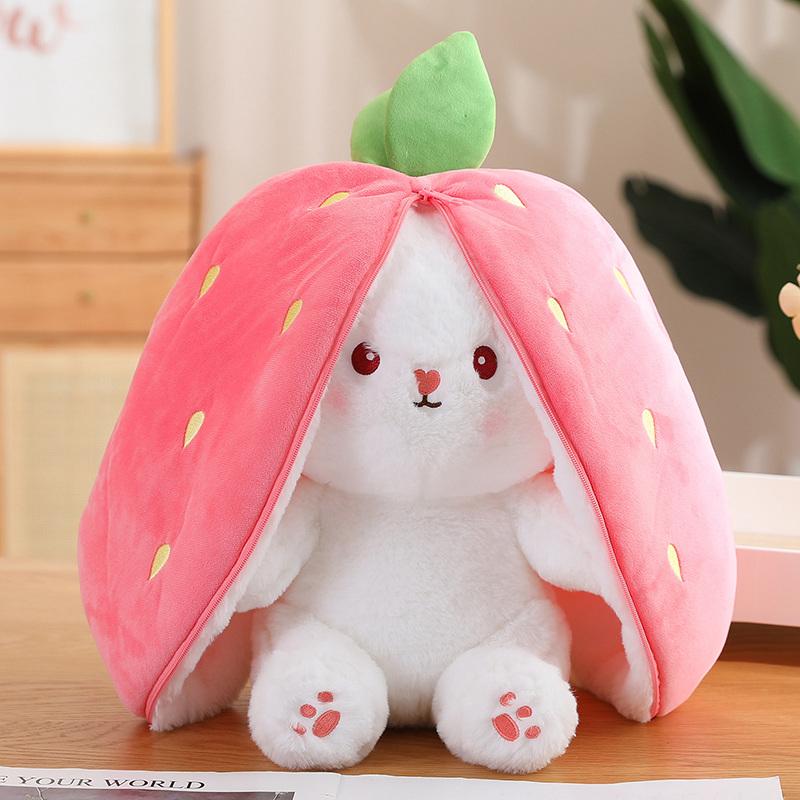 18cm Cosplay Strawberry Carrot Rabbit Plush Toy Stuffed Creative Bag Into Fruit Transform Baby Cuddly Bunny Plushie Doll For Kid