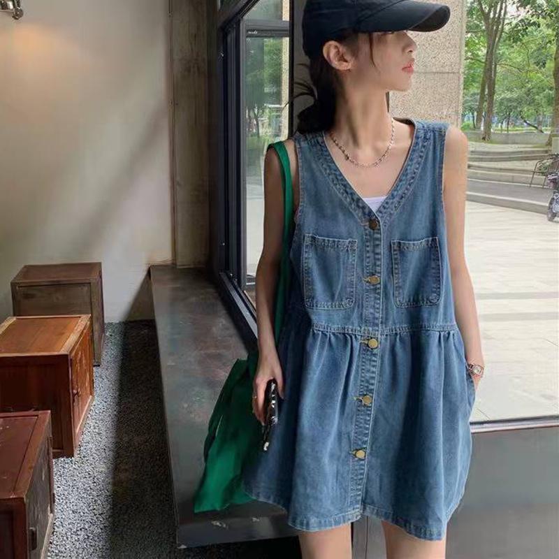 High Waisted Cowboy Strap Dress V-neck Pleated Denim Camisole Dress Single Breasted Retro Sleeveless Short Dress Girls