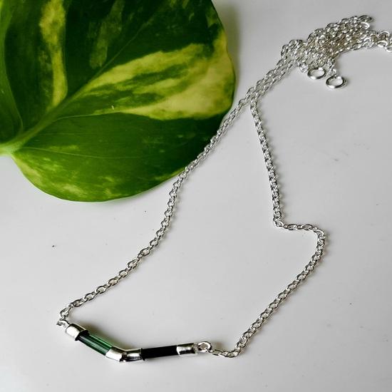 Natural Raw Green Tourmaline Gemstone 925 Sterling Silver Leaf Necklace , Gift