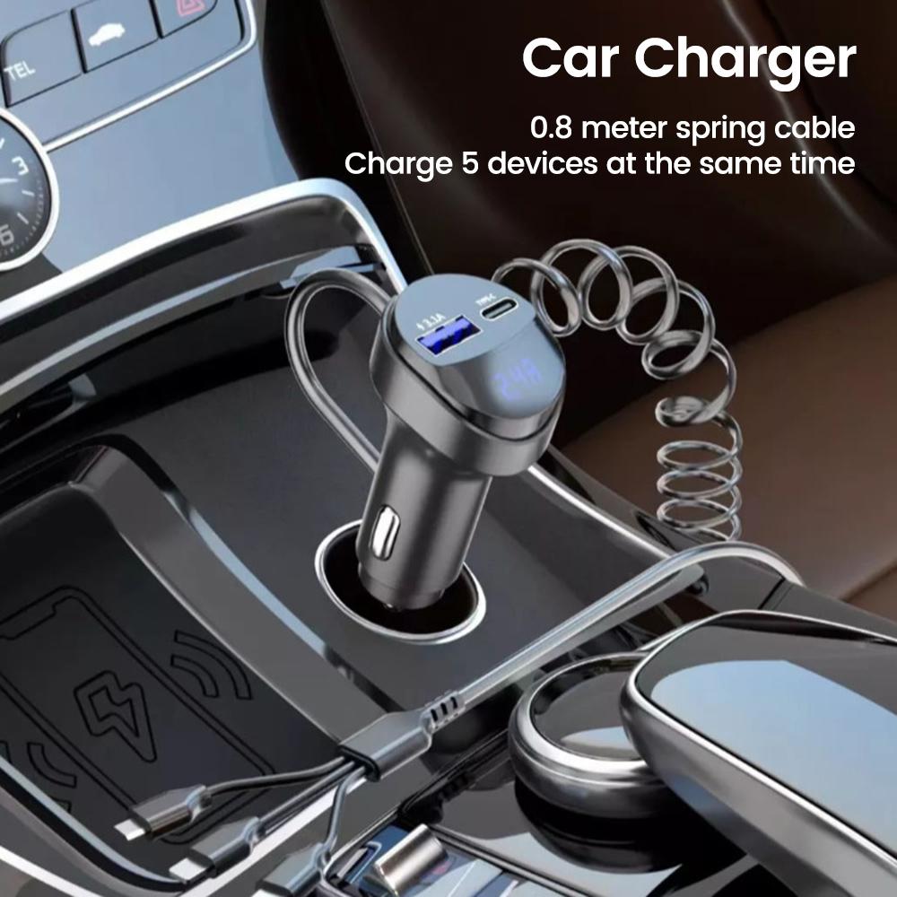 2 Ports USB Fast Car Charger Universal Car Phone Charger Retractable Cable With Voltage Display Auto Electronic Accessories