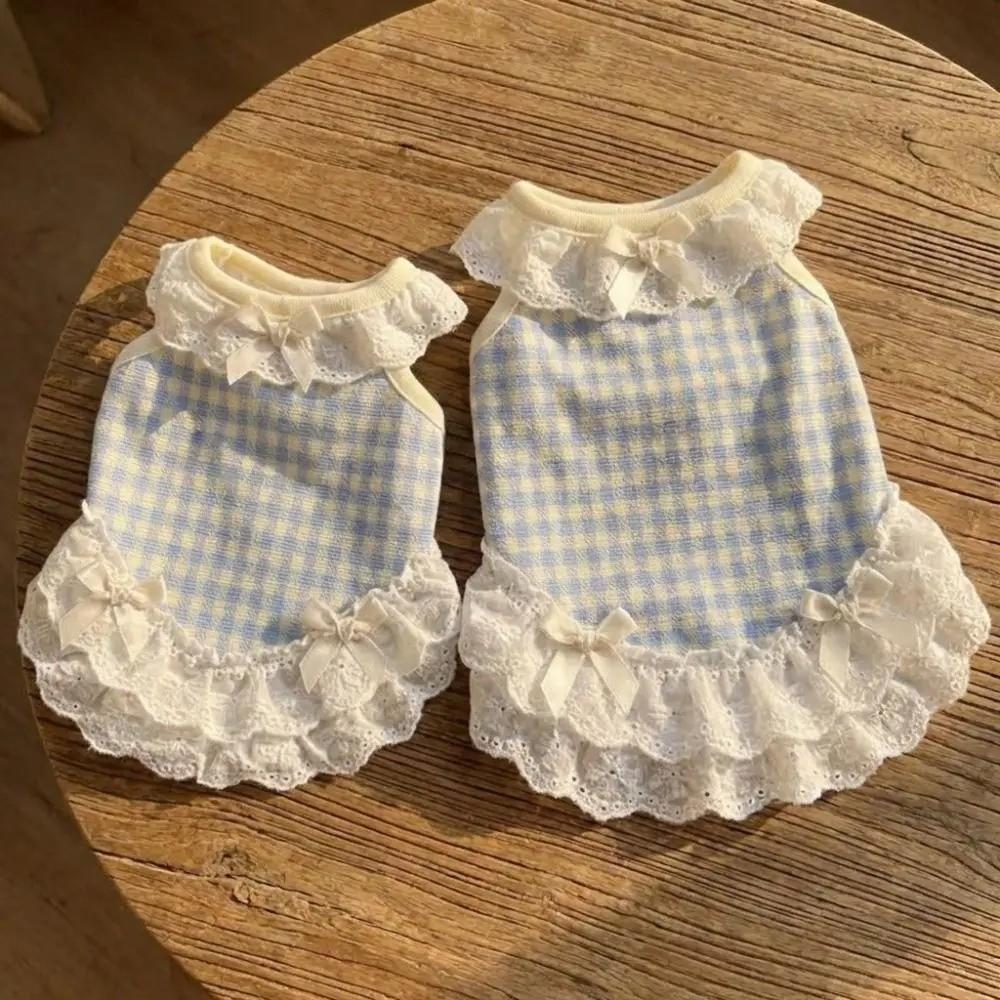 Breathable Pet Lace Skirt Thin Cat Checkered Clothes Casual Style Pet Dog Vest Summer Season