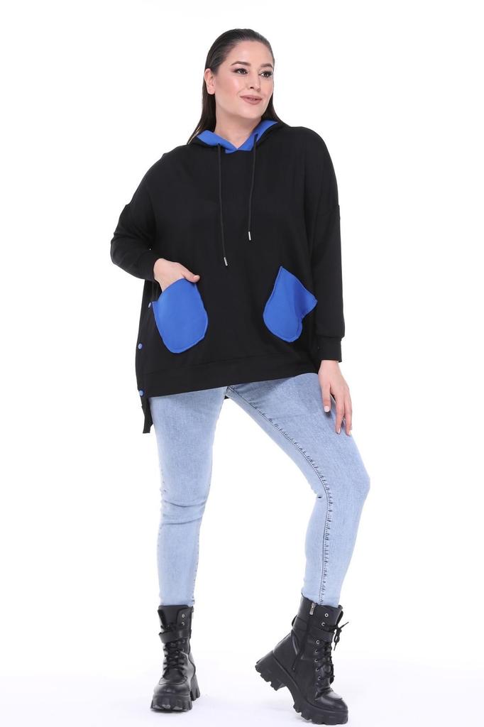 Women's Style Big Size Sweatshirt Large Size Extra Comfortable Fit Black Sweatshirt With Green Pocket Detail