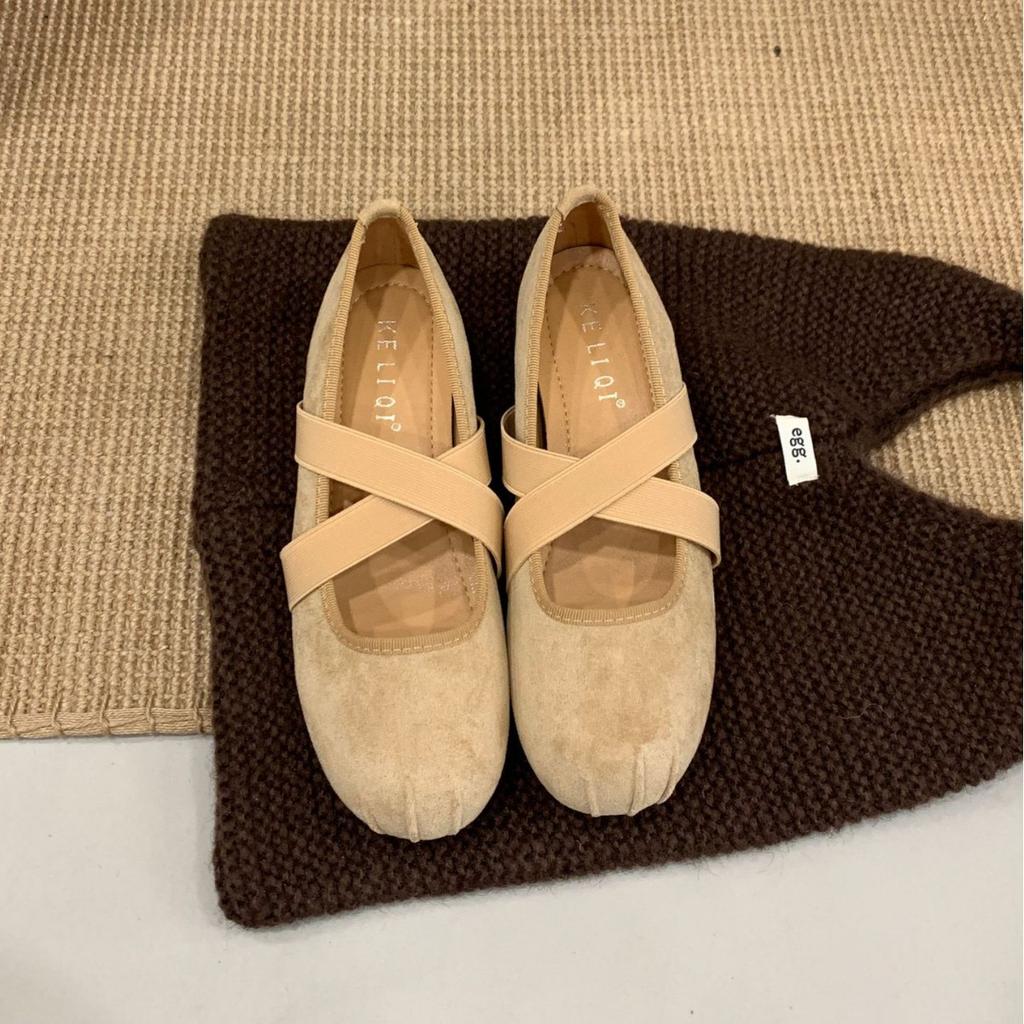 2025 new round head cross strap inner heel heel suede shallow mouth Mary Jane one word with ballet women's shoes