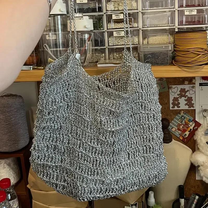 200g 1 Ball Yarn Silvery Handmade Yarn Popular Same Style Woven Small Silver Bag Woven Flash Core Wire Crochet Needle