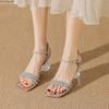 Summer Silver Transparent Crystal Thick Heel with Rhinestone High Heel Leather Sandals Women's Beautiful High Heels