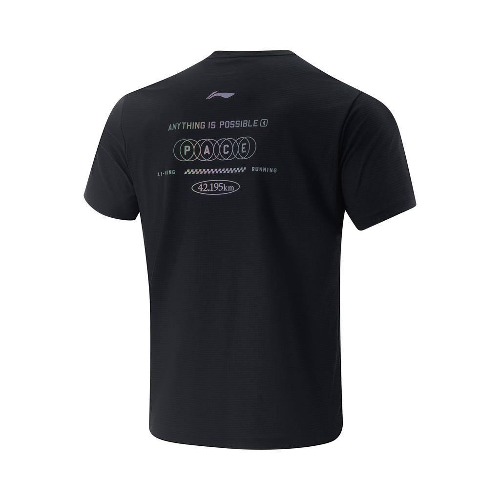 Li Ning Серия для бега Универсальная футболка с круглым вырезом, логотипом бренда с буквами, удобная, простая, быстросохнущая, с коротким рукавом, мужская, черная ATSV371-1