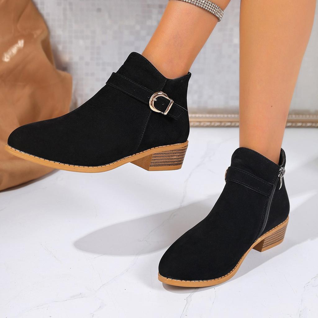 Fashion Fashion Winter Women's Ankle Boots Round Toe Low Heel Short Solid Color Casual Simple Round Womens Boots with Heel and Buckles