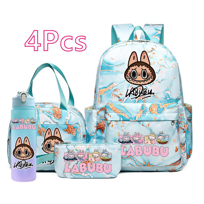 4Pcs/set Cartoon Printed Backpack Pencil Bag Lunch Bag Outdoor Water Bottle Student Girl Large Capacity Schoolbag Travel Bag Gift