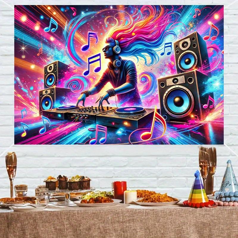 2D plane, one vibrant DJ performance backdrop banner, featuring colorful lights and vortices