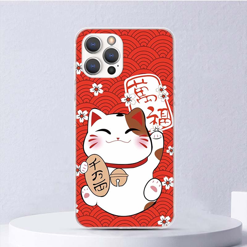 Счастливый Кот Манеки Неко Японский Мягкий Чехол Для iPhone 16 17 Air 16E 15 Plus 11 12 13 Mini 14 Pro Max Чехол Для Телефона Apple 7 8 SE Coqu
