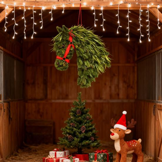 Horse Head Wreath Rustic Farmhouse Equestrian Door Decor Artificial Horse-Shaped Wreath with Red Ribbon for Front Door Wall Window Holiday Decor