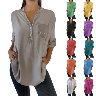 Женские рубашки с пайетками, рукавами 3/4, карманами, пуговицами, V-образным вырезом, сексуальные повседневные блузки, топ