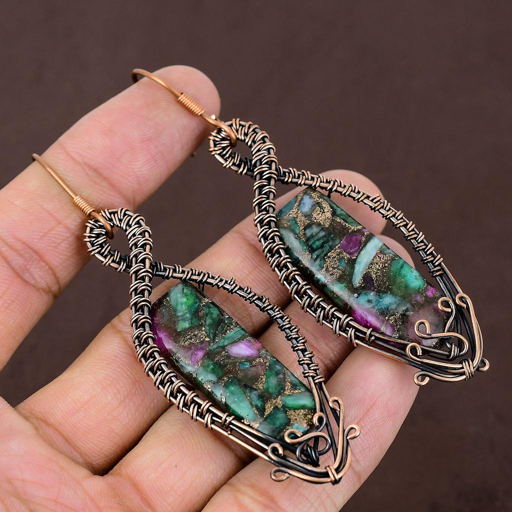 Ruby Zoisite Lab-Created Handmade Copper Wire Wrap Jewelry Earring 3.54 g9J55