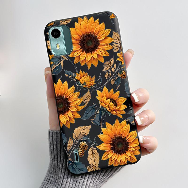 Black Case For Nokia C12 TA-1535/C12 Plus/C12 Pro Chrysanthemum Pattern Shell 2026 New Design Anti-scratch Soft Silicone Casing