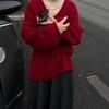 Women's V-Neck Red Wool Sweater - Oversized, Long-Sleeve, Autumn/Winter Knit Base Layer.