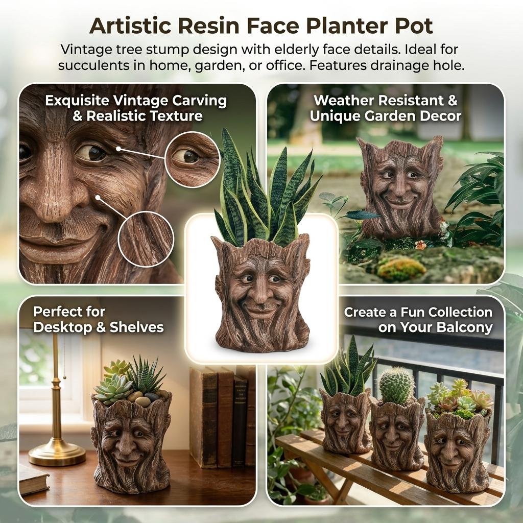 Resin Tree Stump Elderly Face Planter Pot for Home Garden Decoration